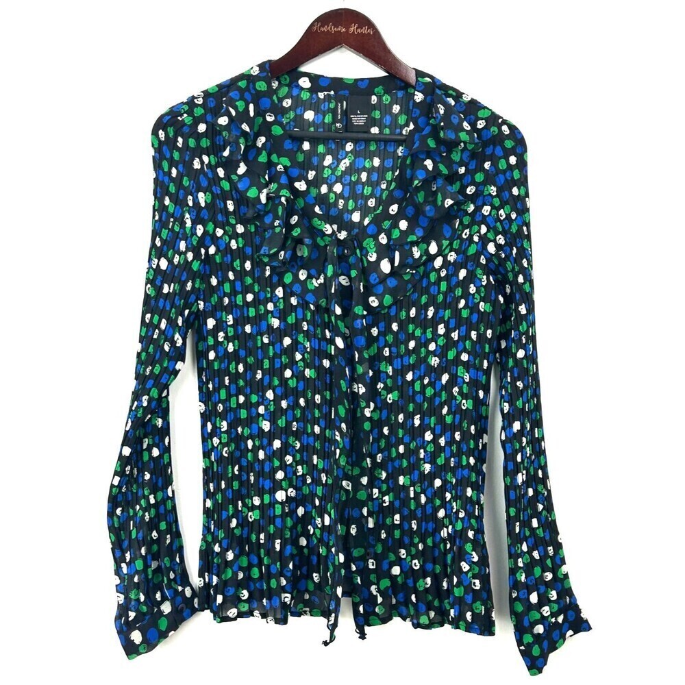 New Directions‎ Blouse Womens L Black Polka Dot Tie Neck Pleated Crinkle 1144E4